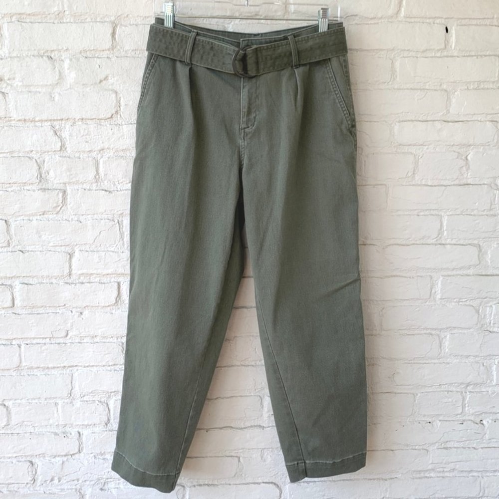 A New Day Paper Bag Pants Olive Green Pleated High Rise Belted Pant Size 4